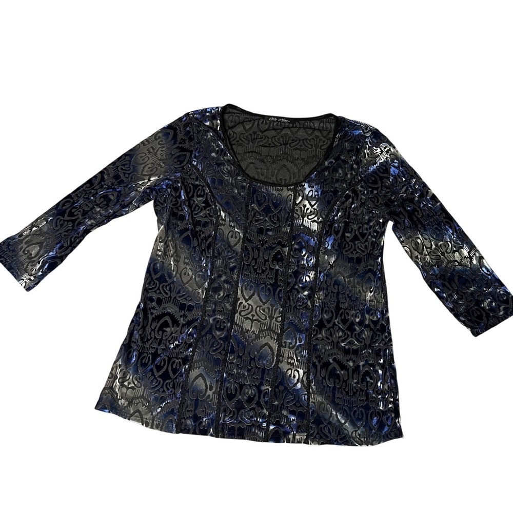 Only Nine Petite Blue Black Burnout Velvet Damask Top Y2K 3/4 Sleeve Scoop Neck
